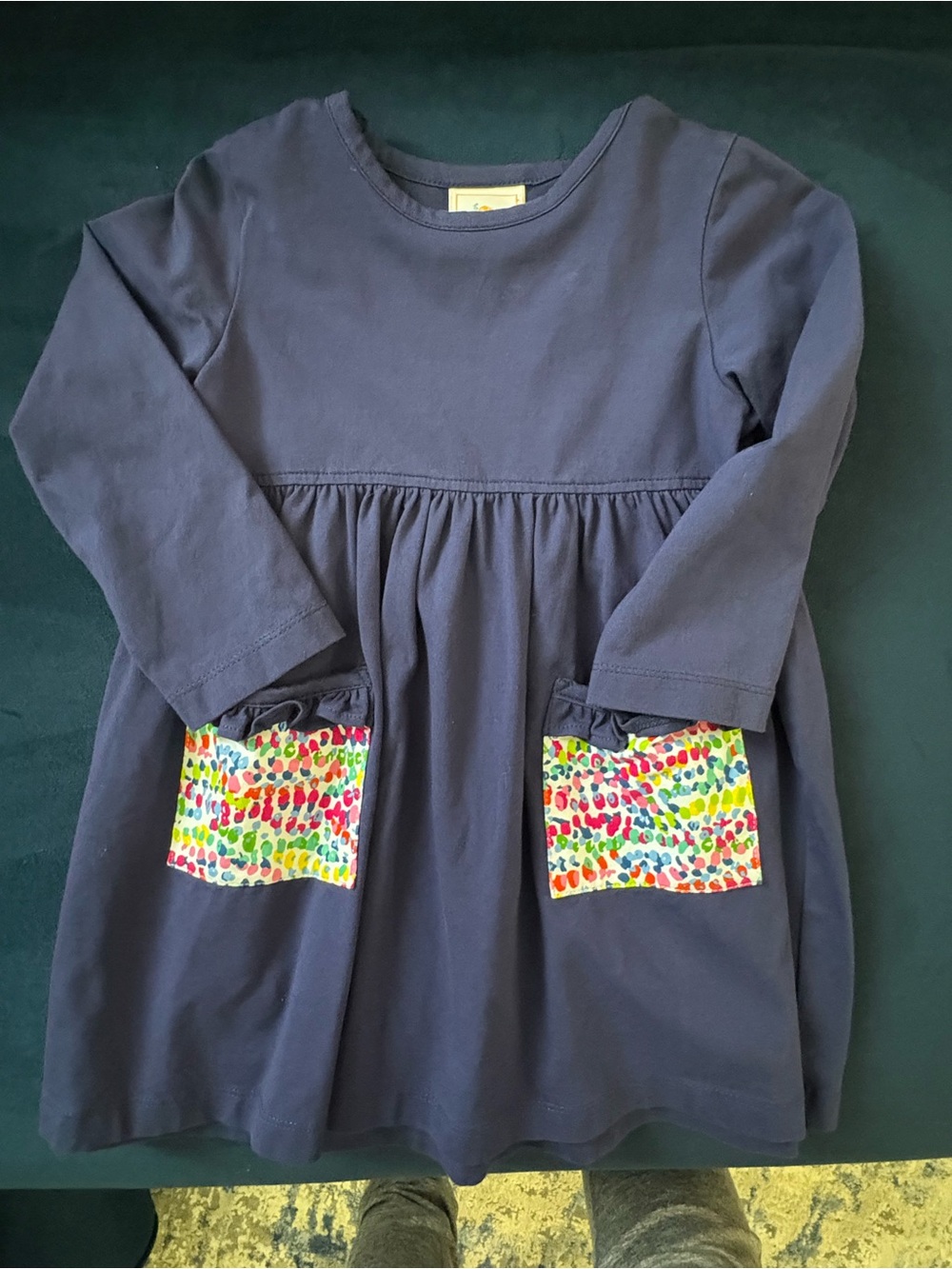 Stitchy Fish Girls Navy Long Sleeve Dress with Colorful Pocket Detail 2t